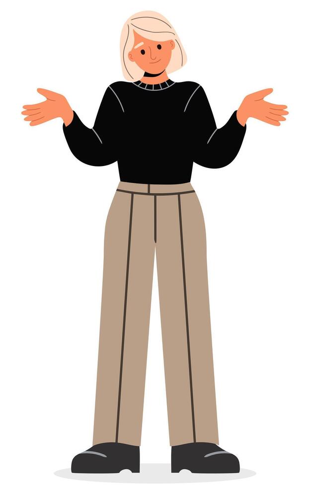 Blonde woman in casual clothes spreads hand shrugging shoulders looking puzzled vector