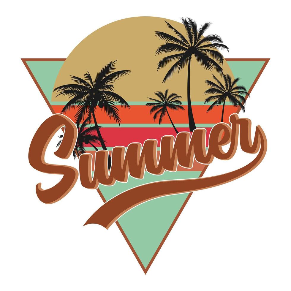 summer logo with palm trees, triangle shape and a sun. vector