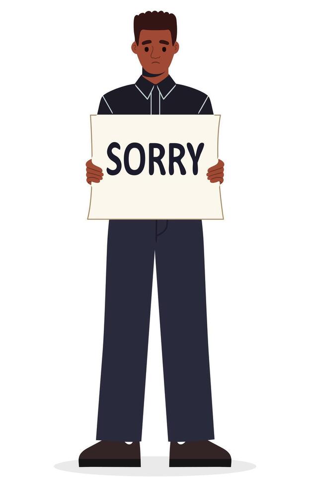 African american man holding a SORRY sign, seeking forgiveness and saying sorry vector