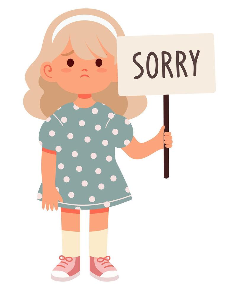Cute sad girl asking for forgiveness and holding a sign SORRY vector