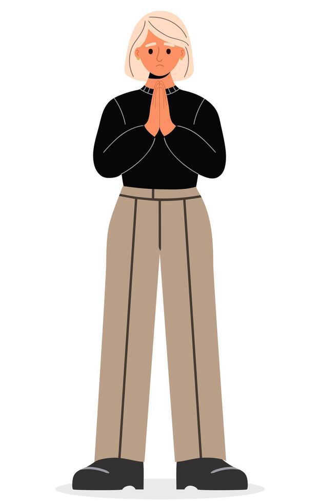 Blonde woman in casual clothes begging to apologize vector