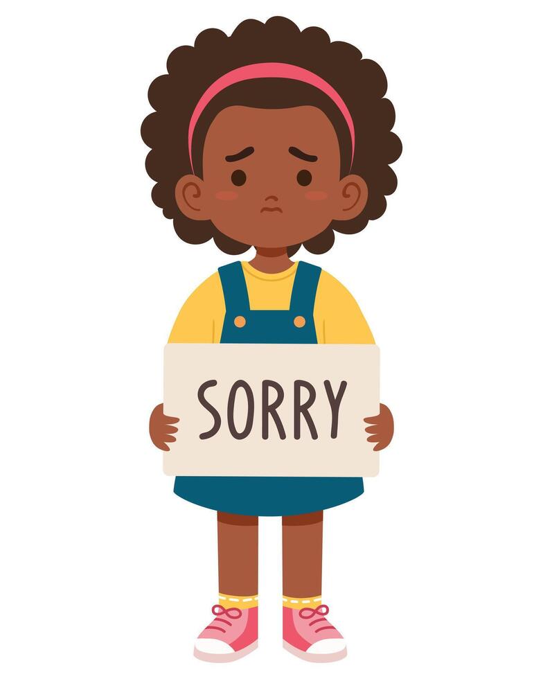 Sad little girl asking for forgiveness and holding a sign SORRY vector
