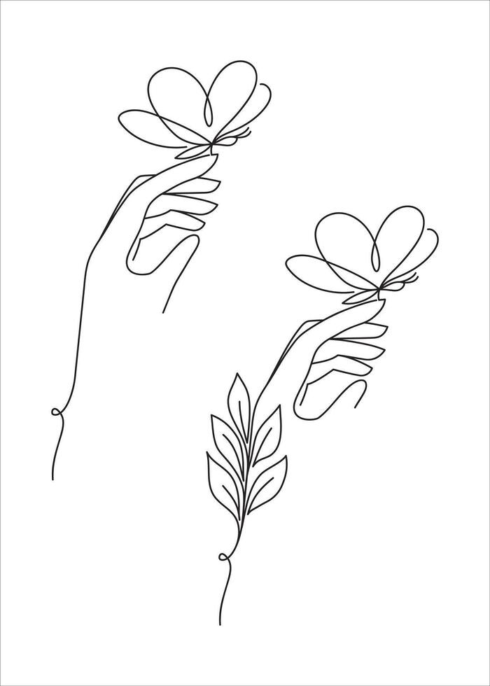 Cute elegant different illustrations with hand holding a butterfly with drawn with one line. Sketch for tattoo art, print. Trend art. vector