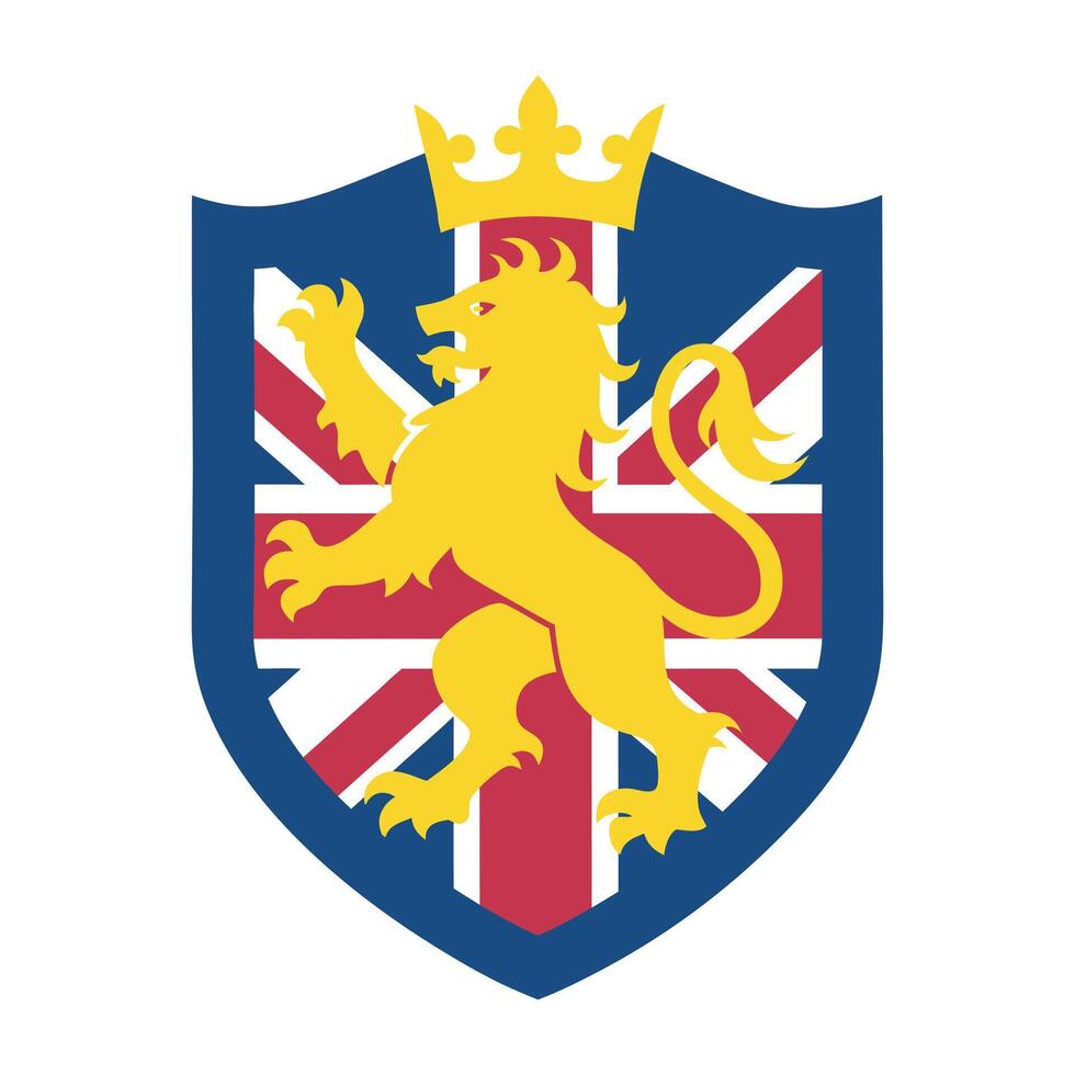 Royal lion and unicorn on UK flag themed shield emblem illustration vector
