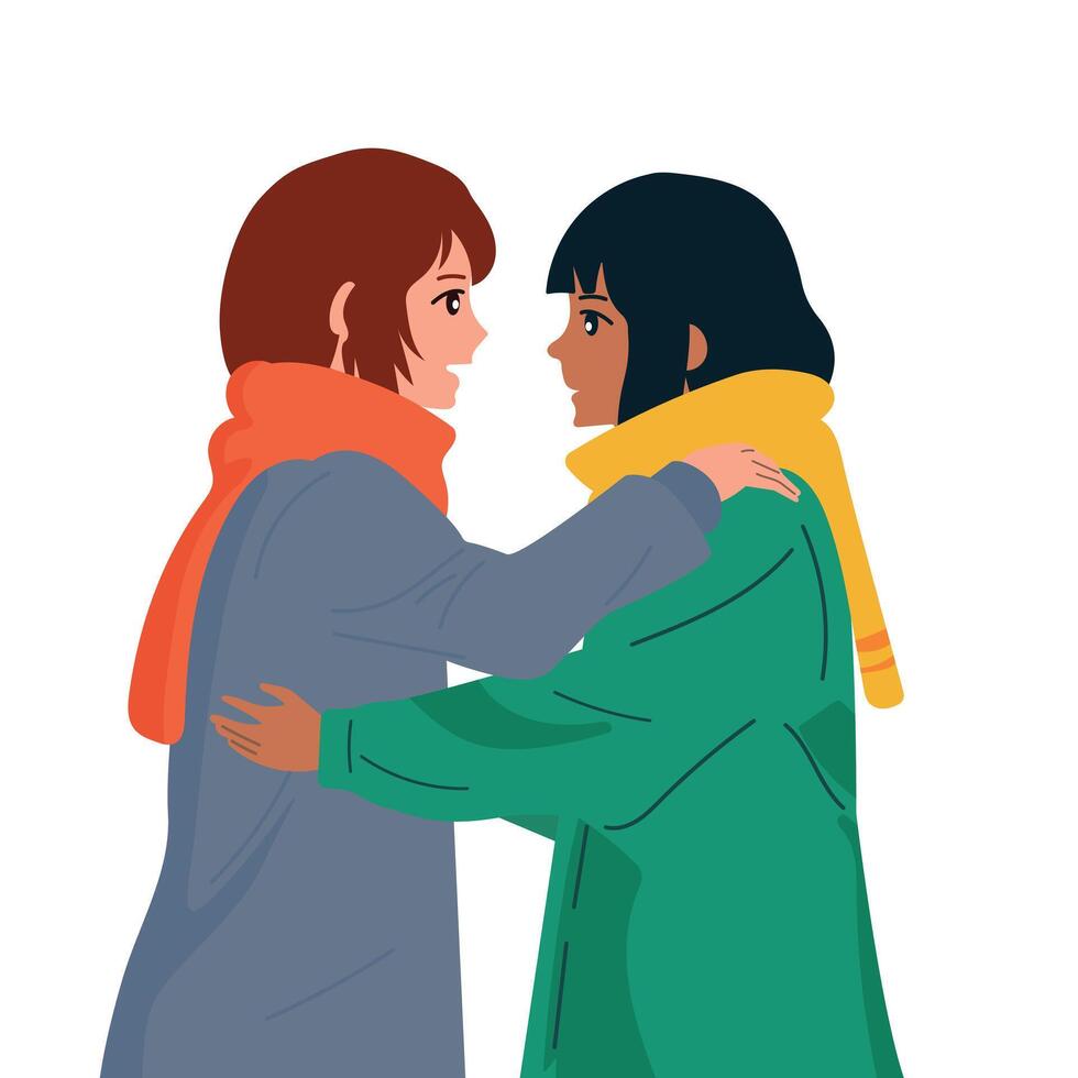 Friendship between girls. Pleasant communication. Winter walk. vector
