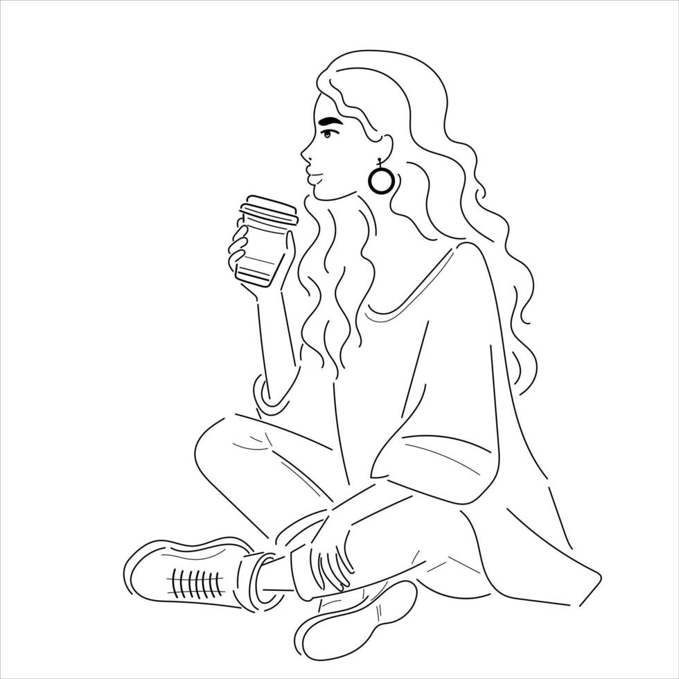 The girl sits in a yoga pose and enjoys coffee or tea. vector