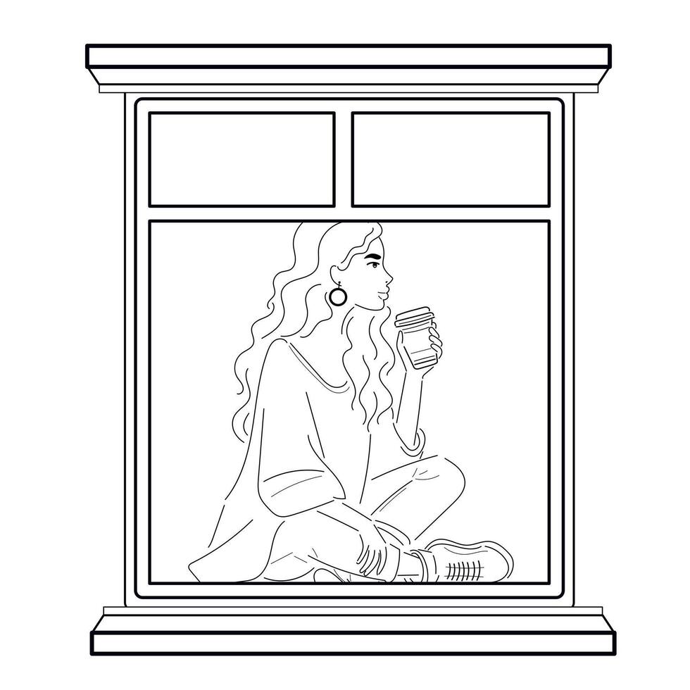 The girl is sitting on the window and drinking coffee. vector