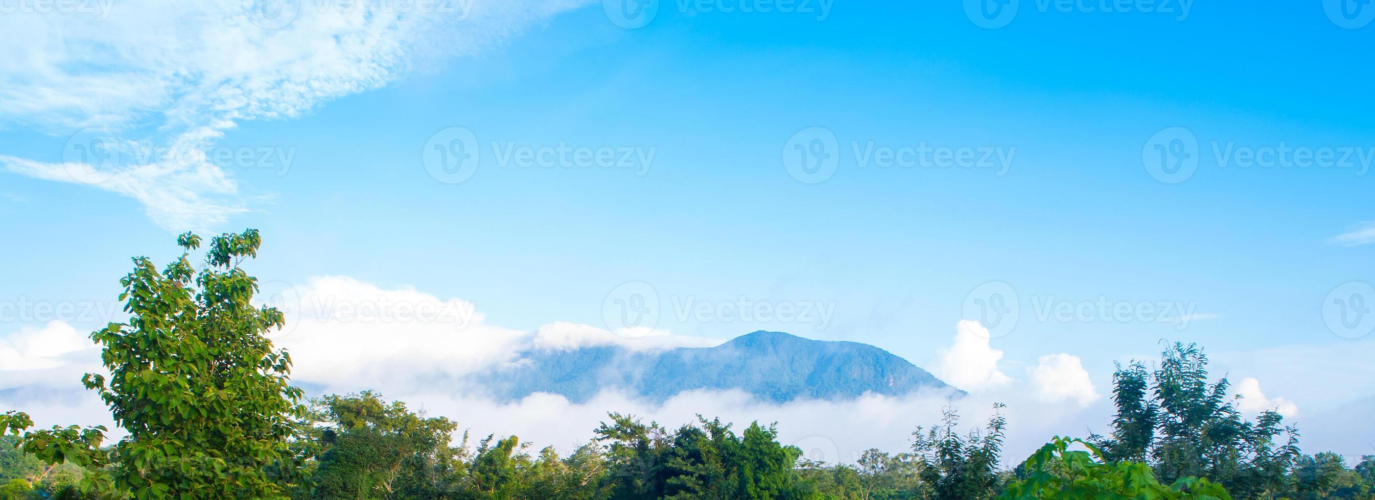 White clouds drifting over forests and mountains photo