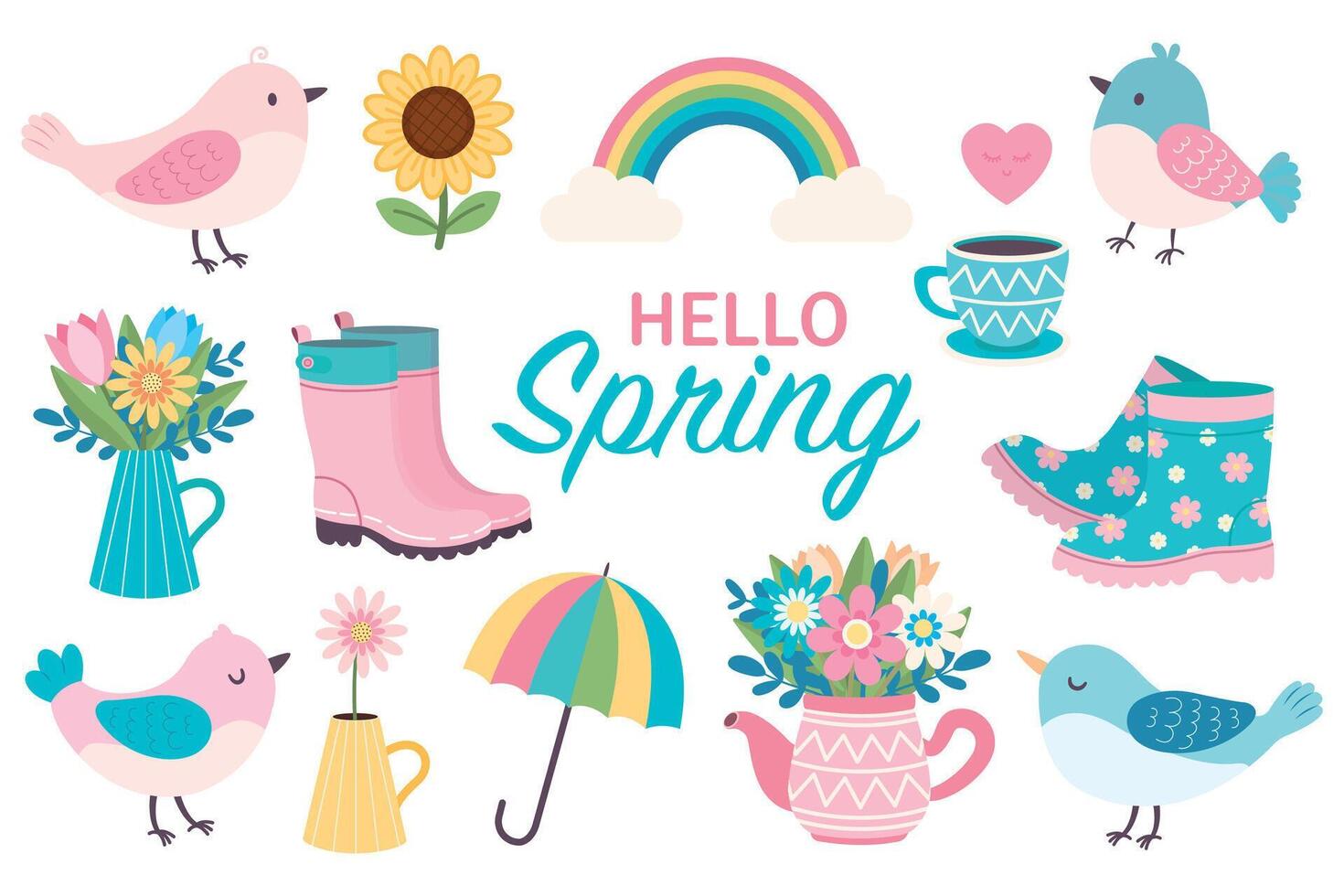 Spring illustration set. Hello spring. Clip art. simple flat style. vector