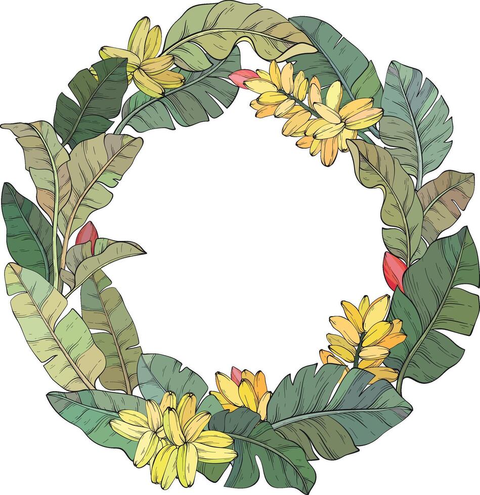 circular wreath made of Tropical banana palm leaves background vector