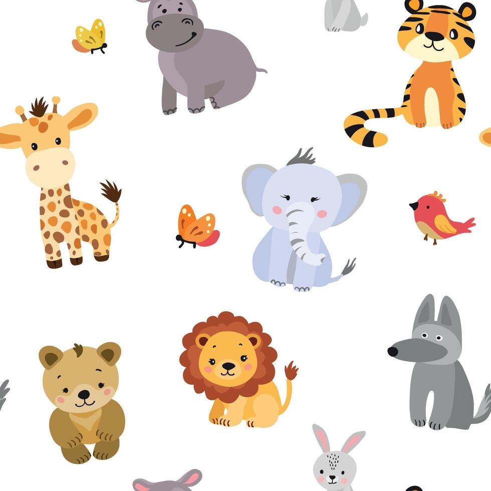 pattern featuring cute cartoon-style wild animals vector