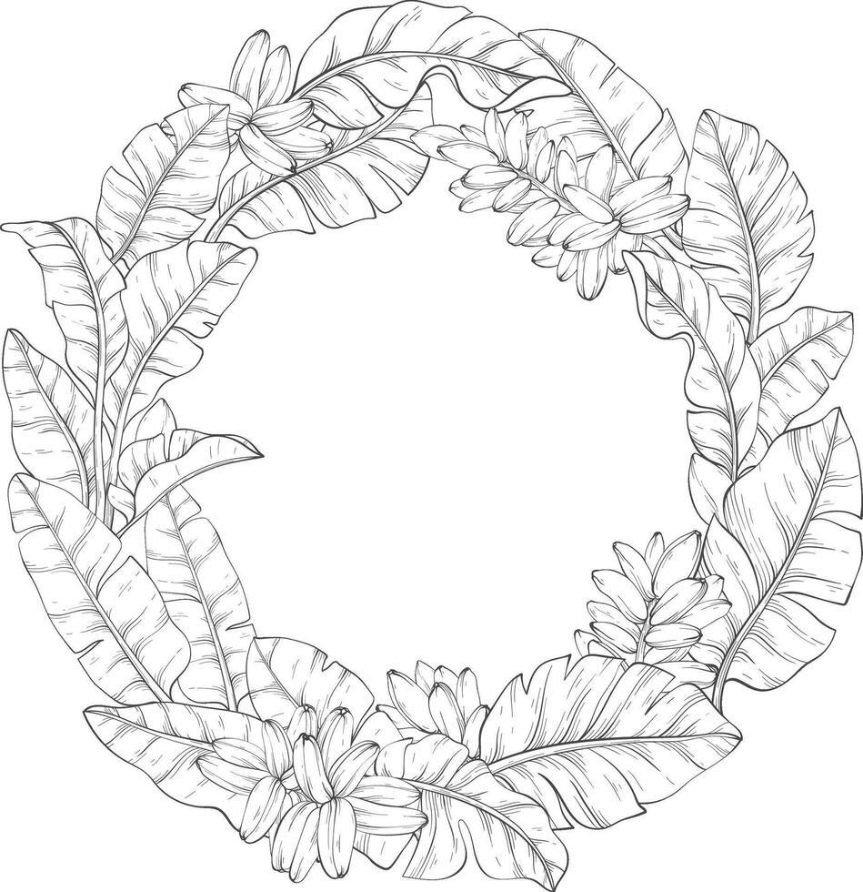 Line art circular wreath made of Tropical banana palm leaves background vector