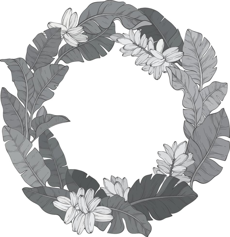 monochrome circular wreath made of Tropical banana palm leaves background vector