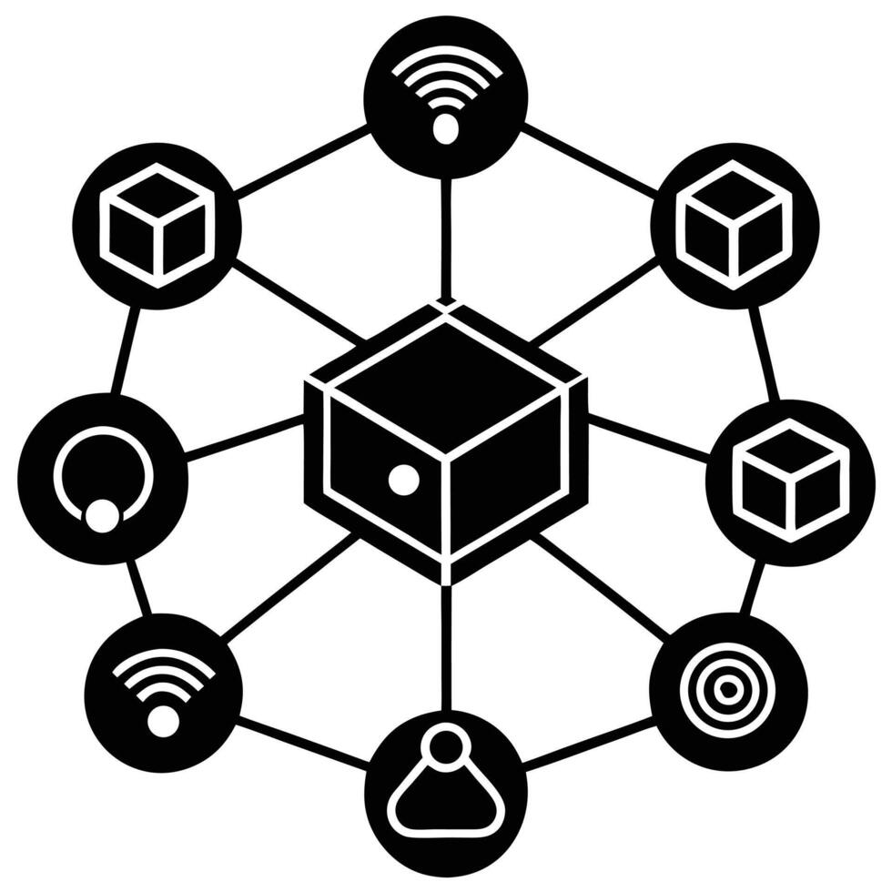 A black and white image of a network of different devices vector