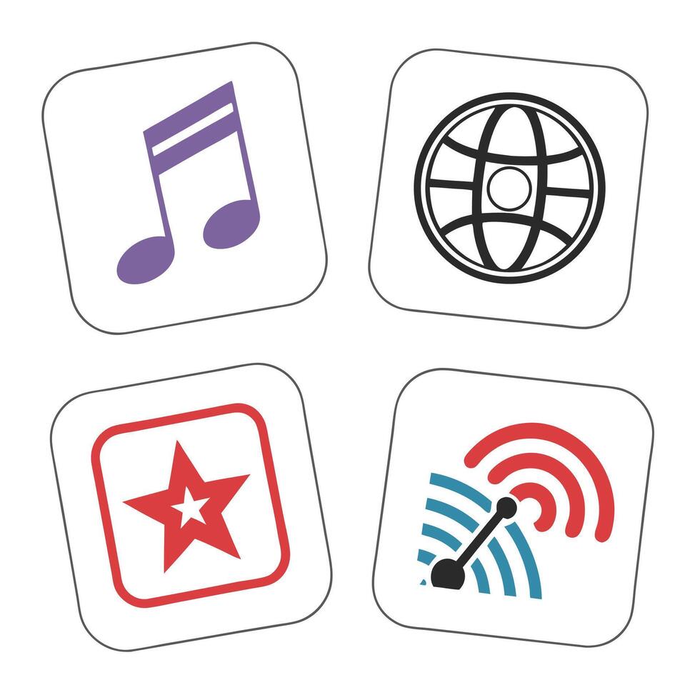 Four square icons with a globe, star, and a globe vector