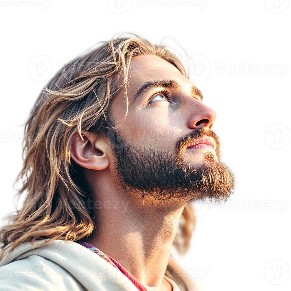 A man with long hair and beard looking up photo
