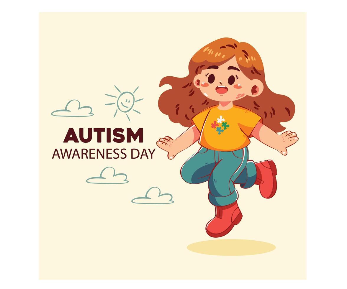 Autism Awareness Day with Cartoon Girl in Colorful Outfit vector