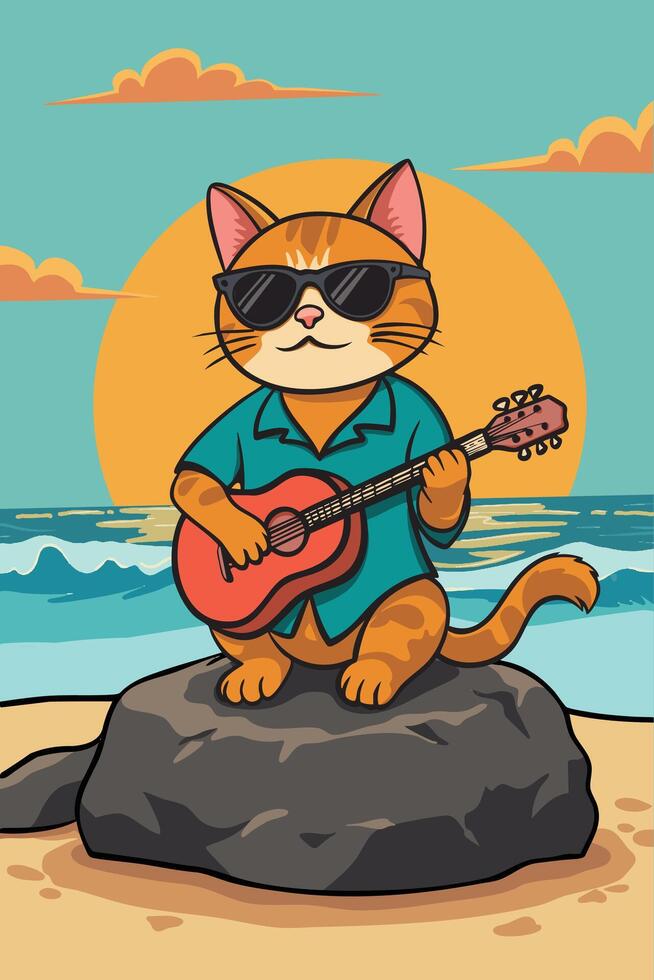Cartoon illustrations that feature casual cats who enjoy the beach and play guitar. vector