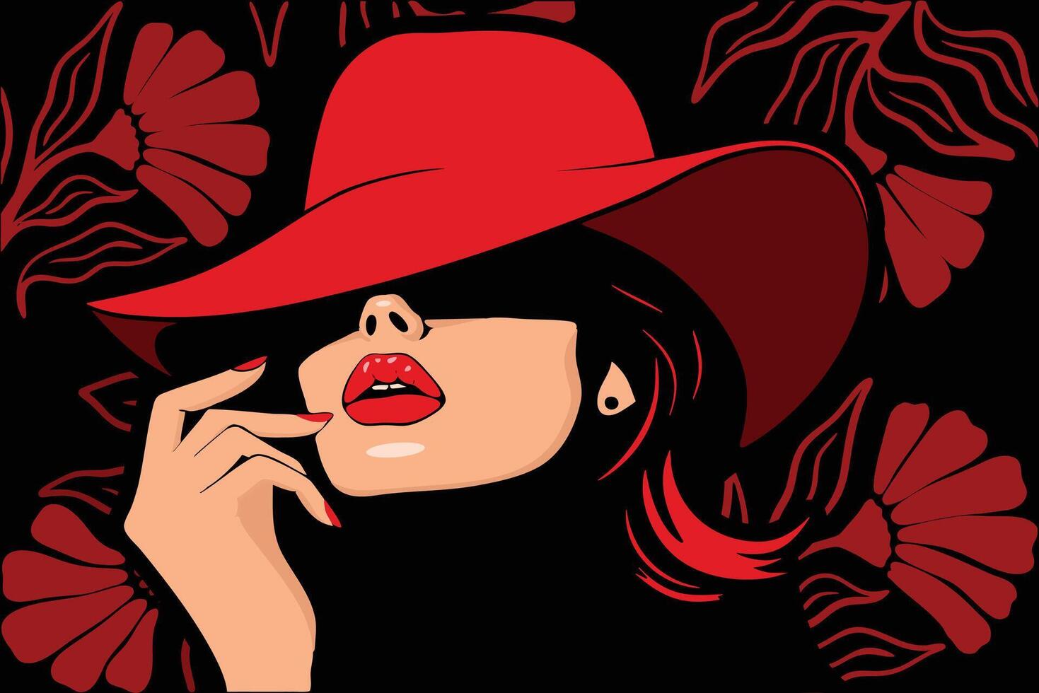 The illustration design of a woman style with a red hat and lipstick, arranged against a black flower background. vector