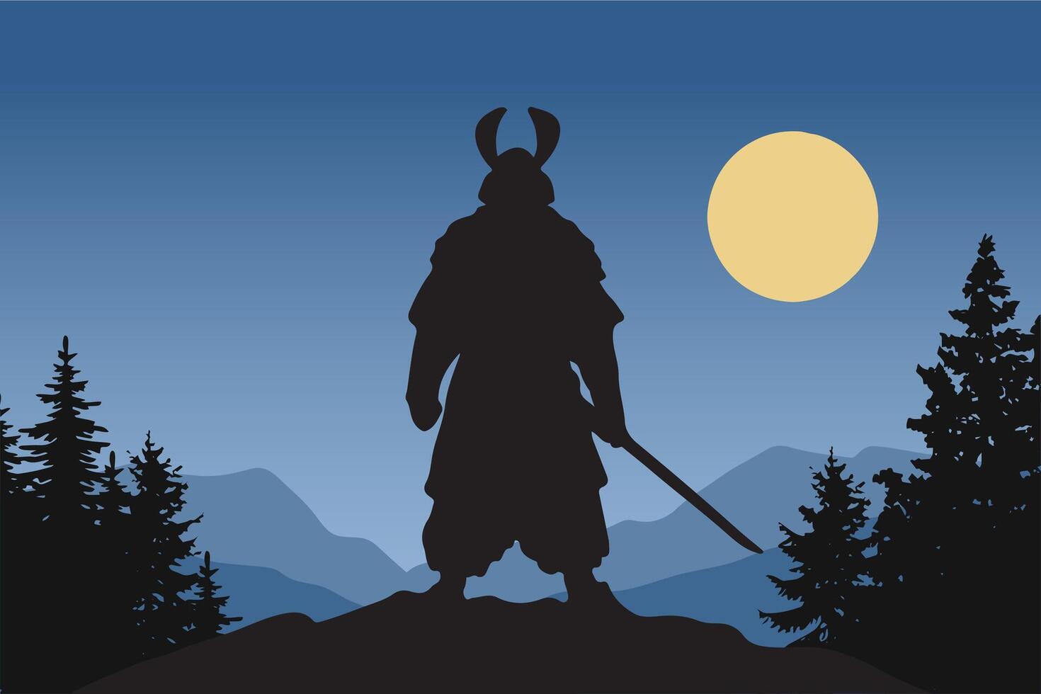 Japanese samurai silhouette illustration is ready on the mountain under the moonlight vector