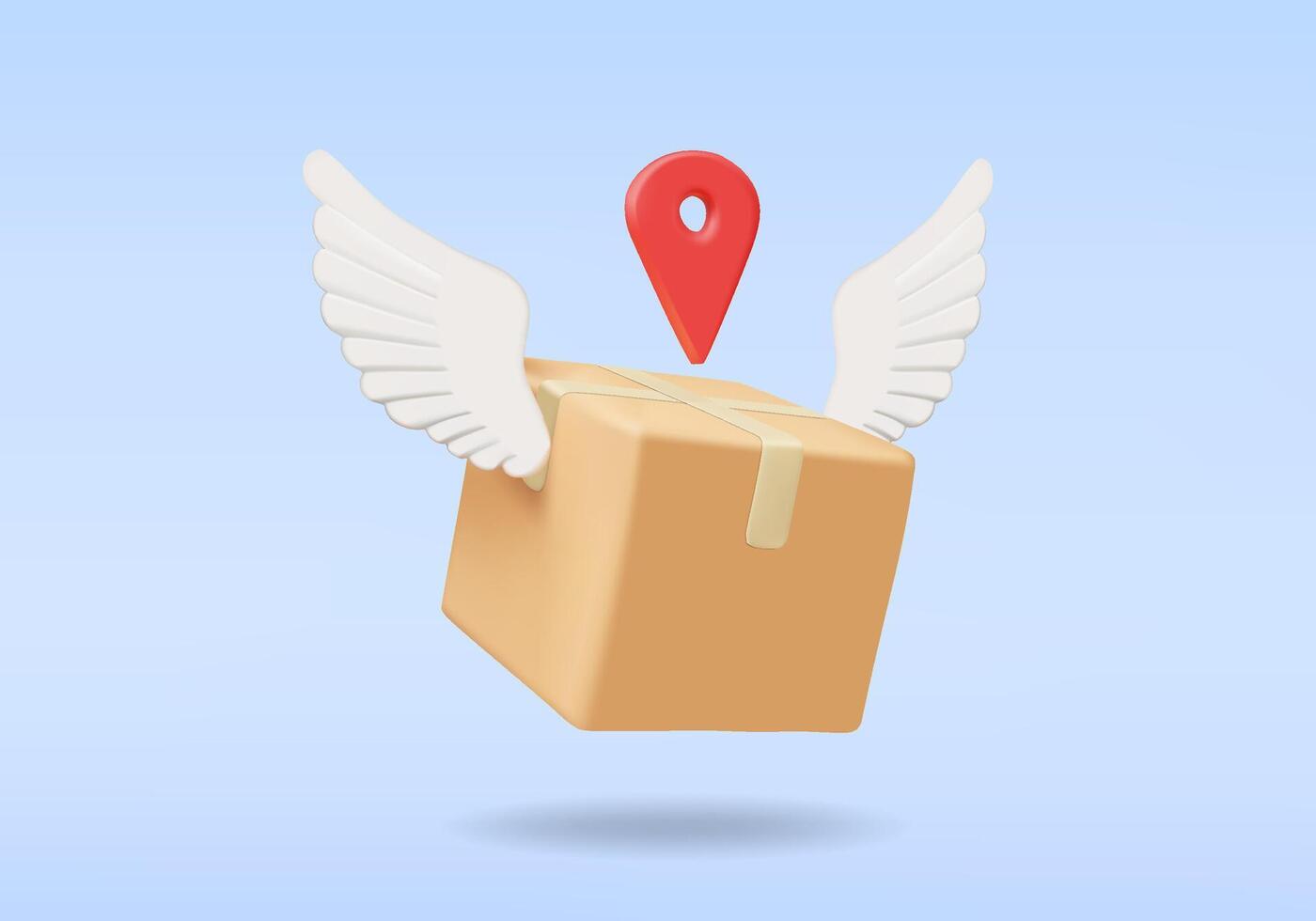 3D render illustration of a parcel box icon with white wings and a red location pin symbol on top. It conveys the concept of fast and accurate delivery of parcels to the specified location. vector