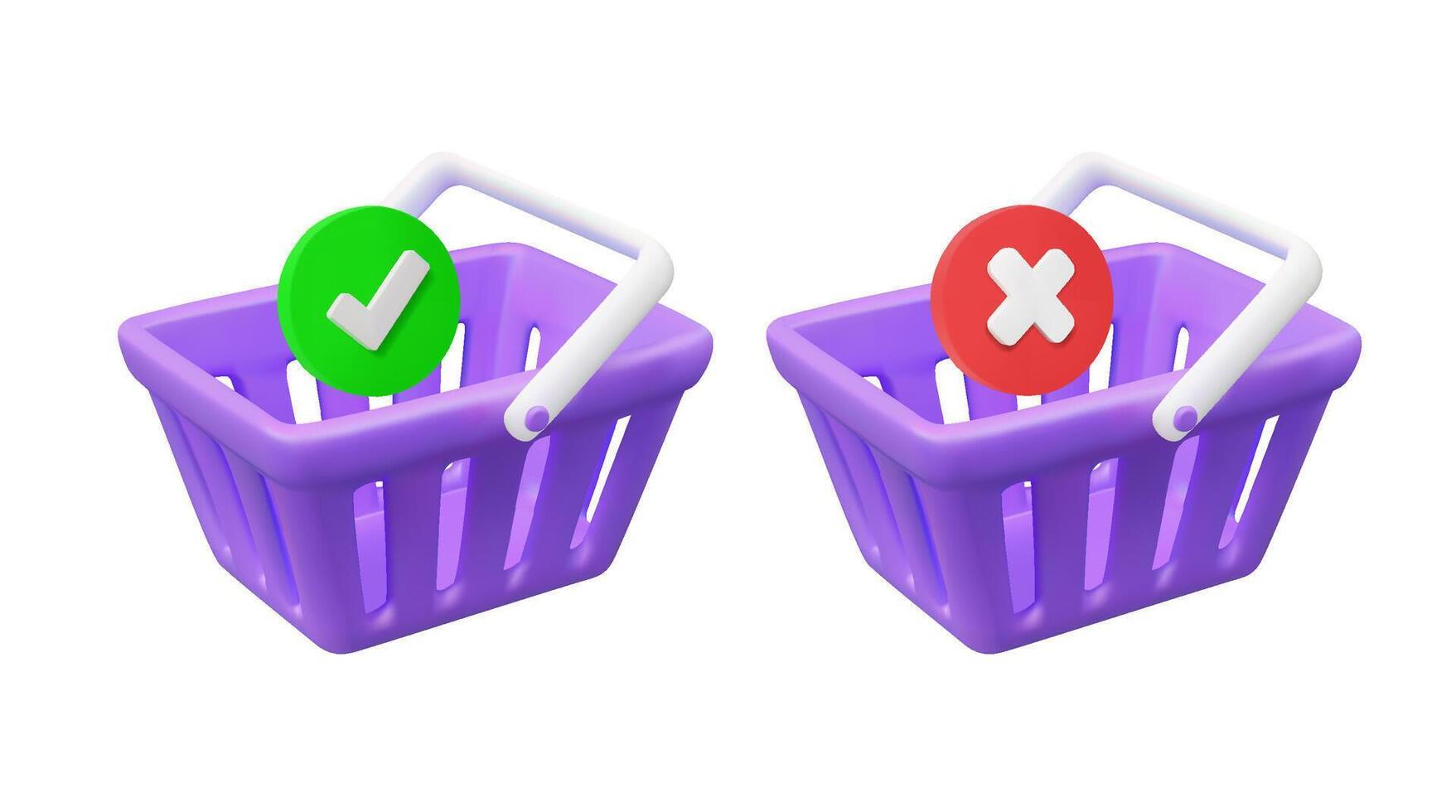 3D render illustration of shopping cart icon. Two purple minimalist with check mark and cross symbols representing shopping status, successful or failed transactions,isolated on white backgroud vector