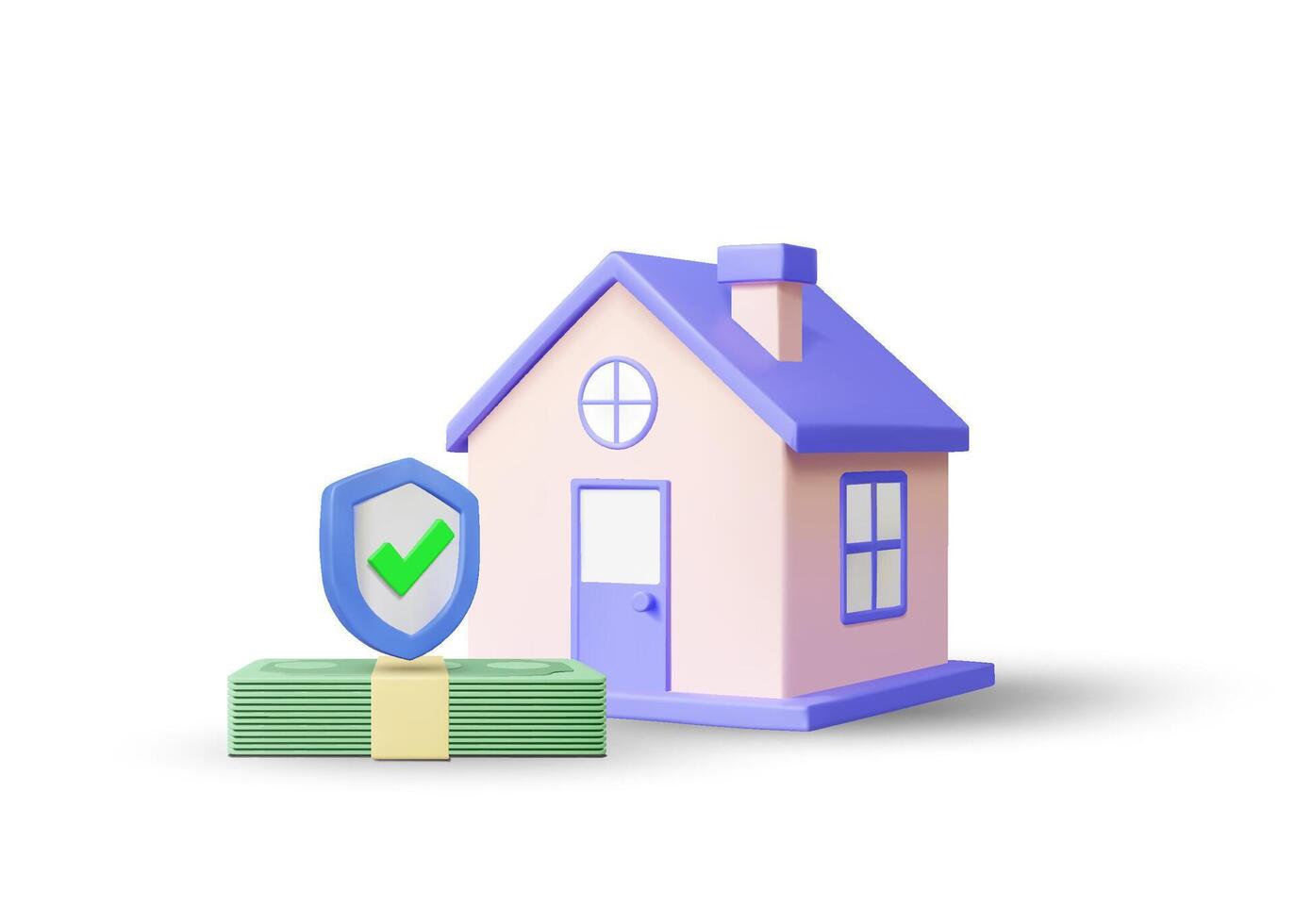 3D illustration render of house icon, banknotes and shield with check mark. Financial security concept of home ownership or real estate insurance isolated on white background. vector