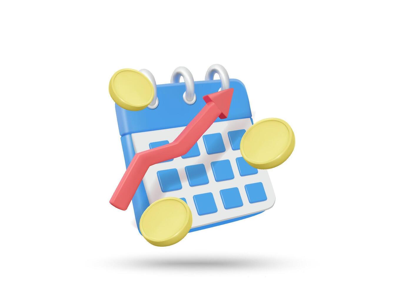 3D illustration render calendar icon, up arrow, coins, financial planning and future growth concept, time management, financial growth, long term investment or savings, isolated on white backgr vector