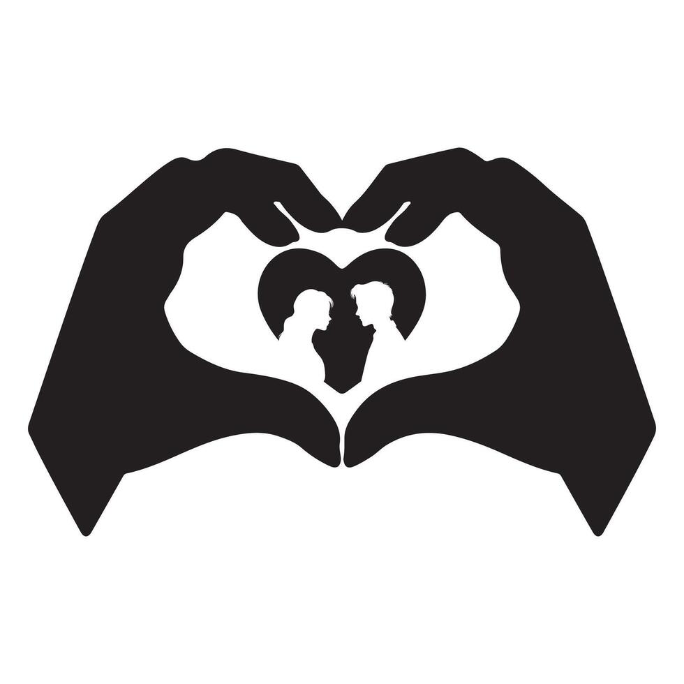 hands making heart shape with silhouette of couple vector