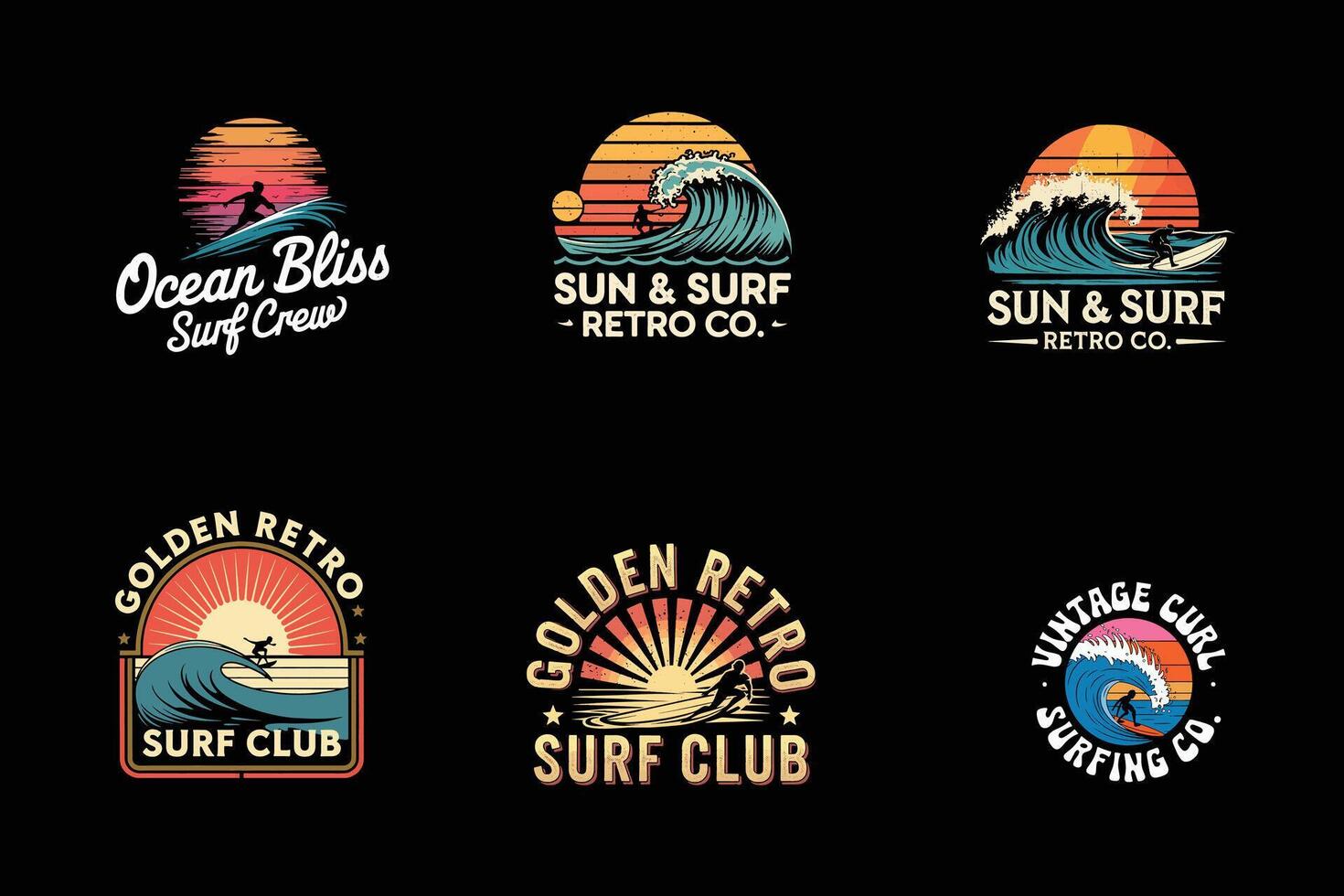 Retro Surfing T-Shirt Design Pack Vintage Wave Rider Collection vector