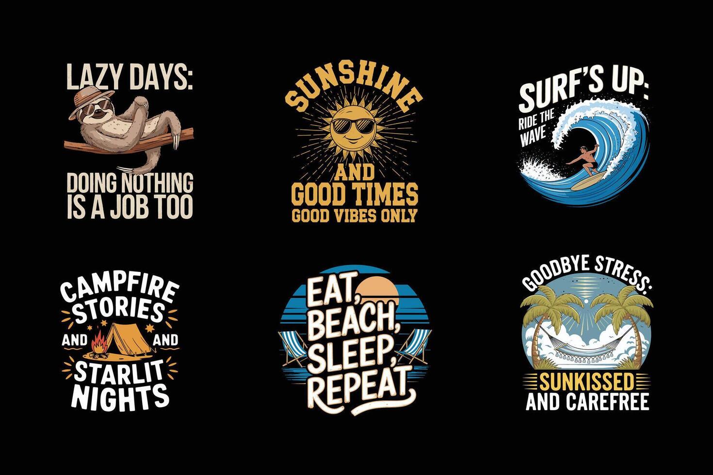 Palm Trees Ocean Waves Vintage T-Shirt Pack vector