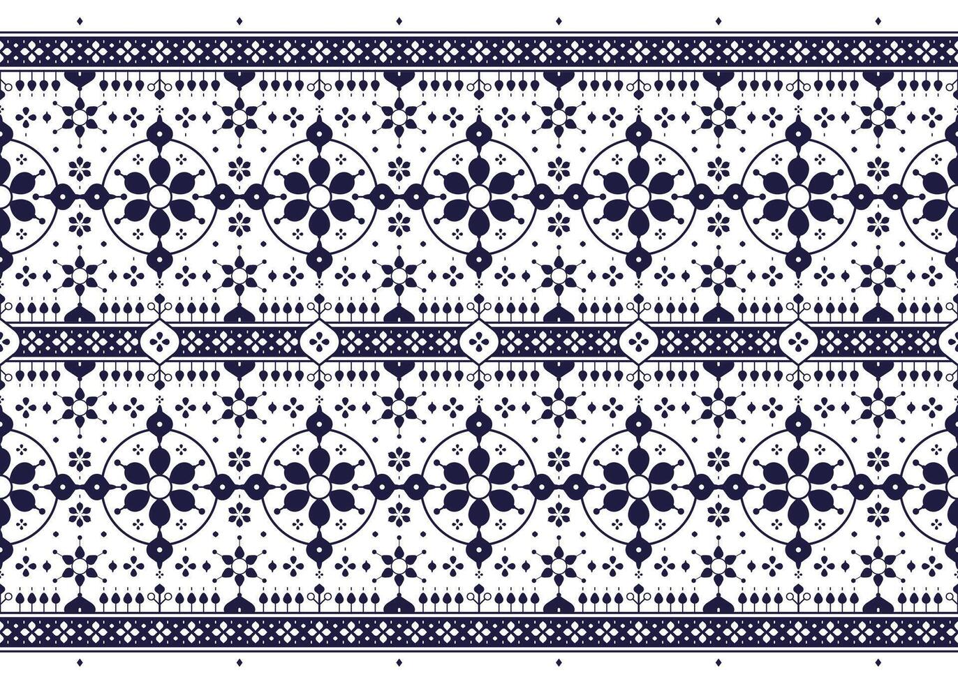 aztec cloth about Floral symbols are placed in two rows in front of the board, blue and white color style, ethnic fabric seamless pattern, design for cloth, carpet, batik, wallpaper, wrapping etc. vector