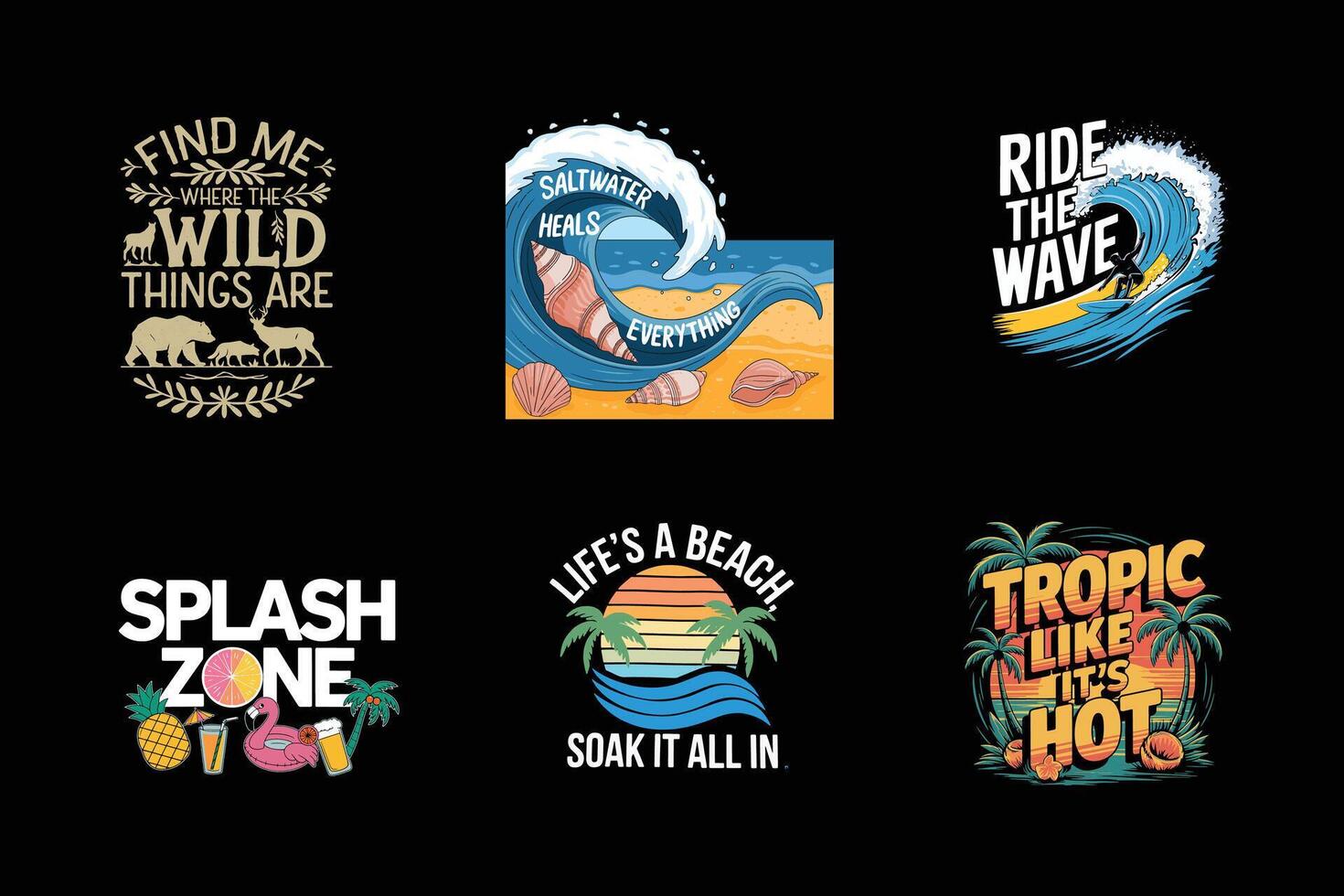 Retro Summer Beach T-Shirt Designs Collection vector