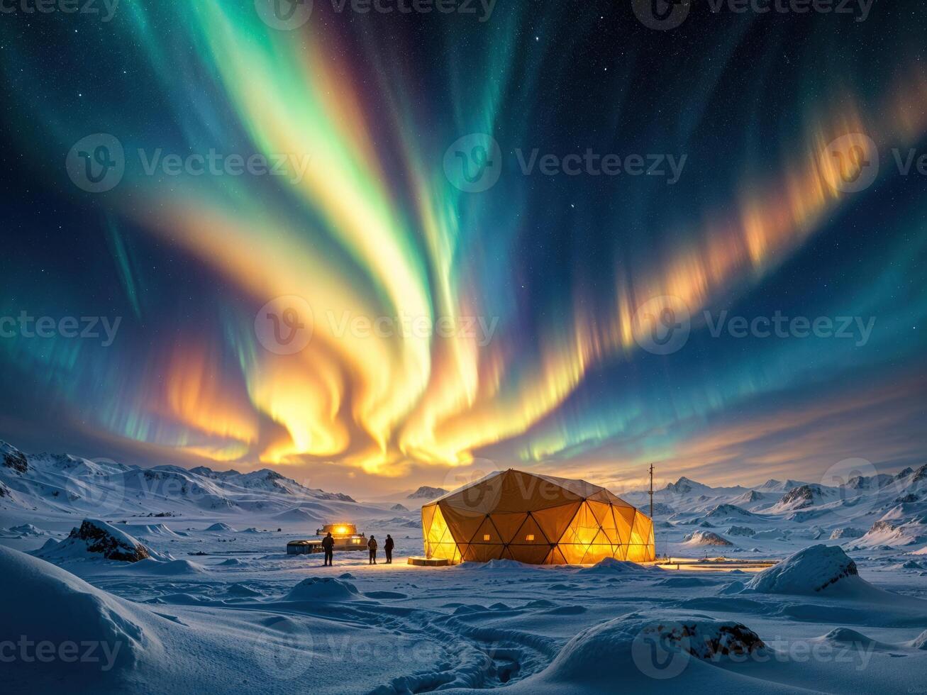 Aurora borealis in the winter mountains. Northern lights. Arctic Aurora Lights photo