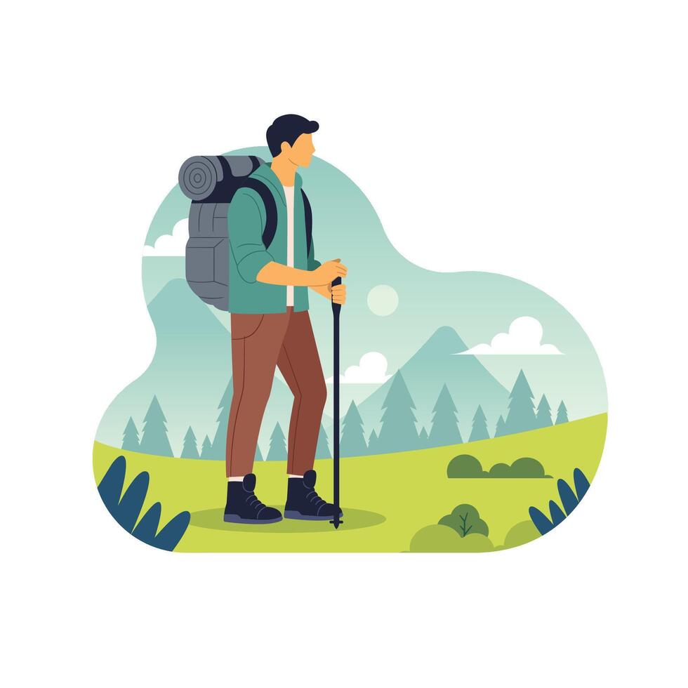 Men hiking in nature with backpack equipment concept illustration scene vector