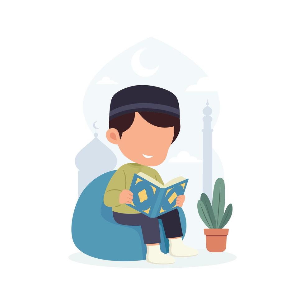 Little Muslim Boy sitting and reading Quran illustration vector