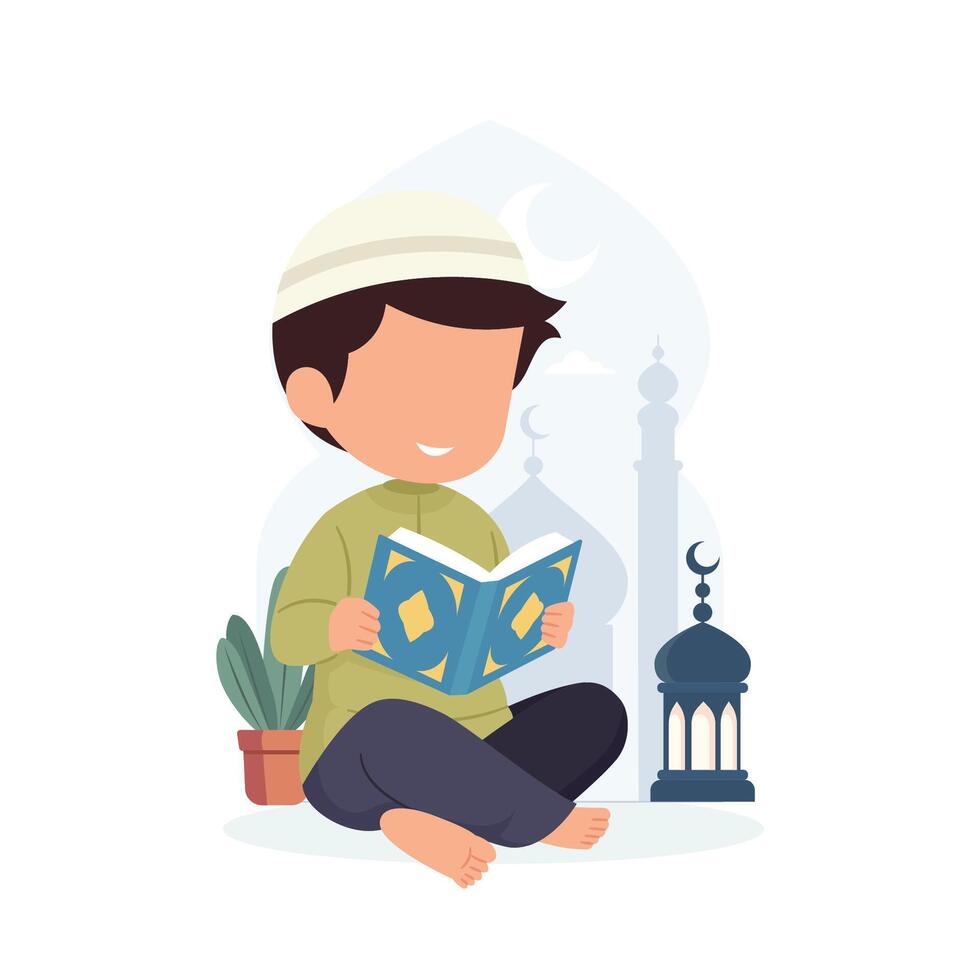 Muslim Kid Boy reading Quran with burning lantern vector