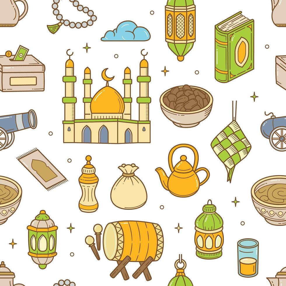 Islamic ramadan doodle with color seamless pattern background vector
