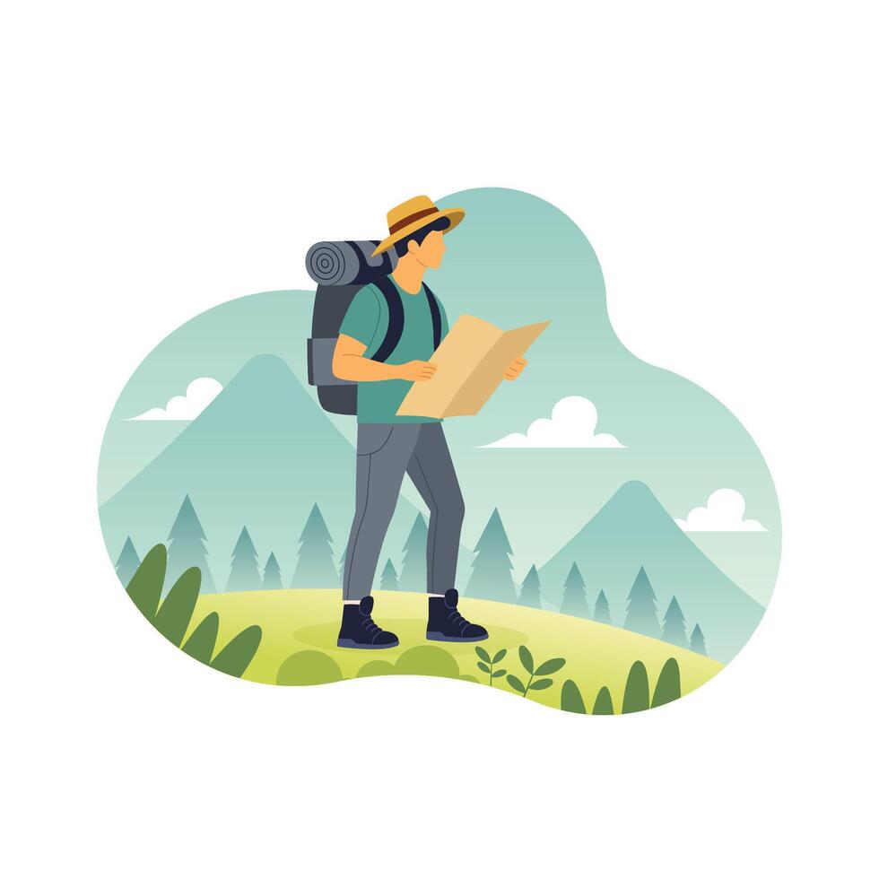Men hiking in nature with backpack and map equipment vector