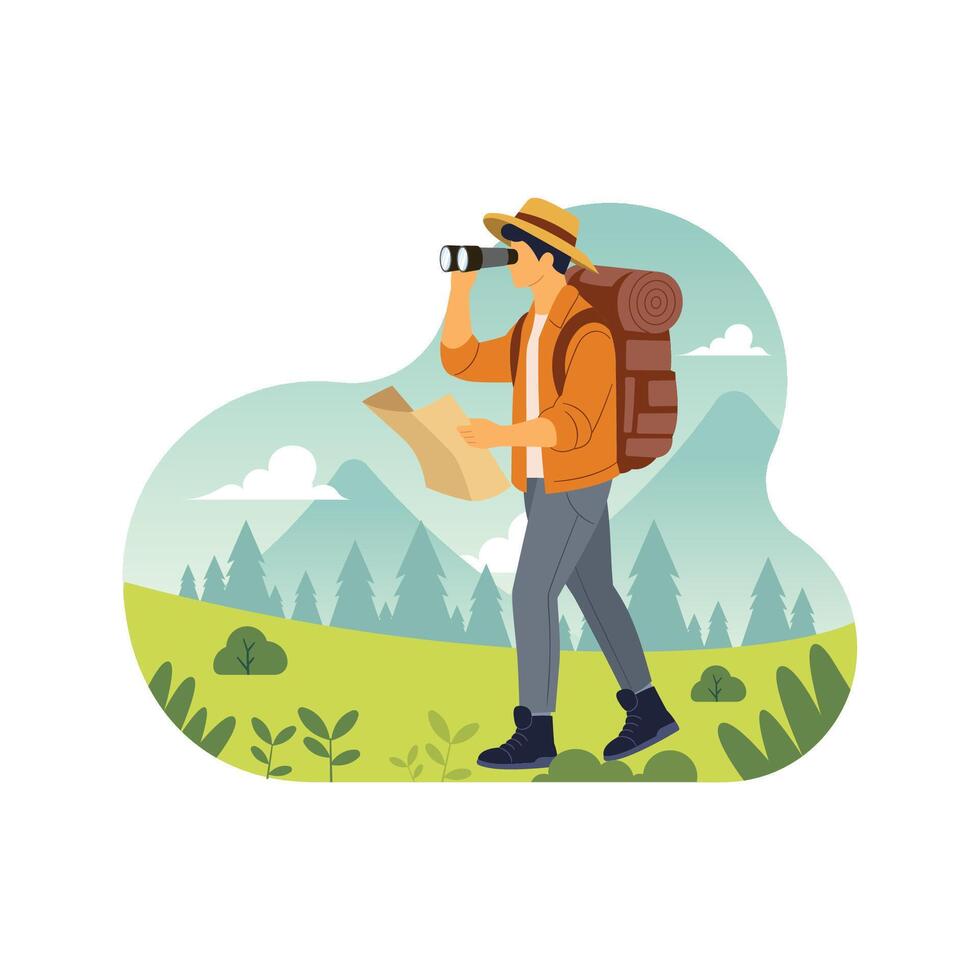Men hiking in nature with backpack, binoculars equipment vector