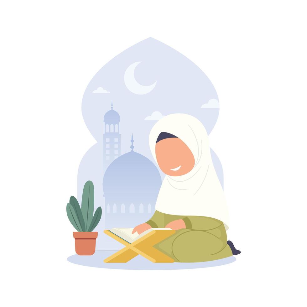 Hijab Girl child reading Quran illustration vector
