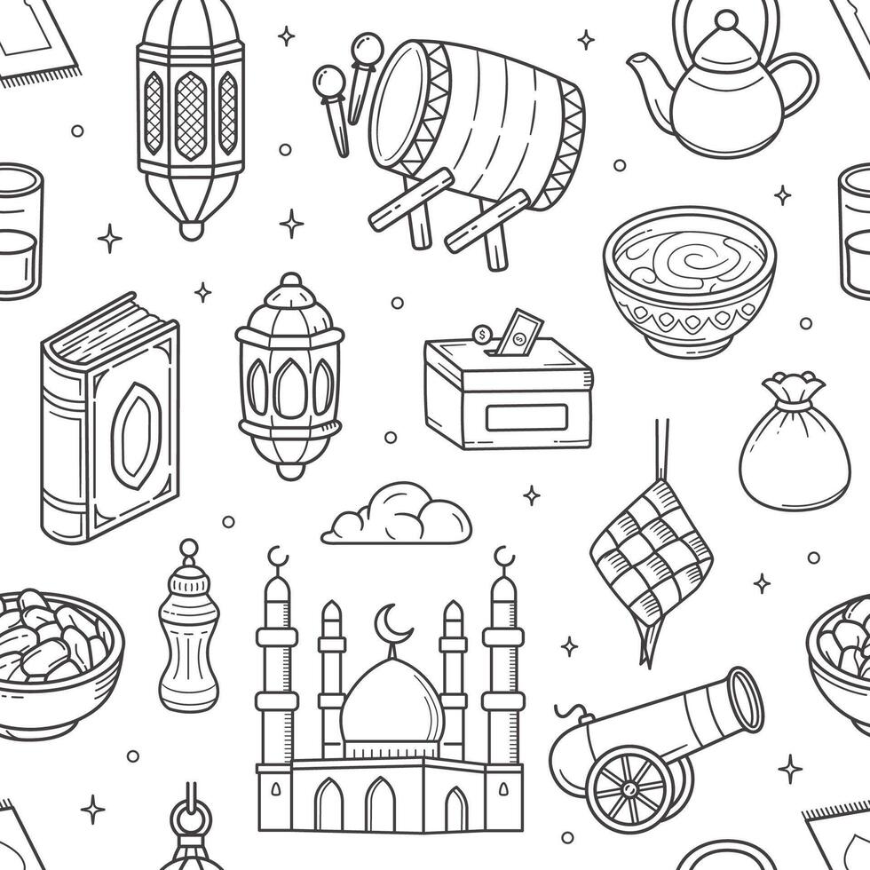 Islamic ramadan doodle seamless pattern background illustration vector