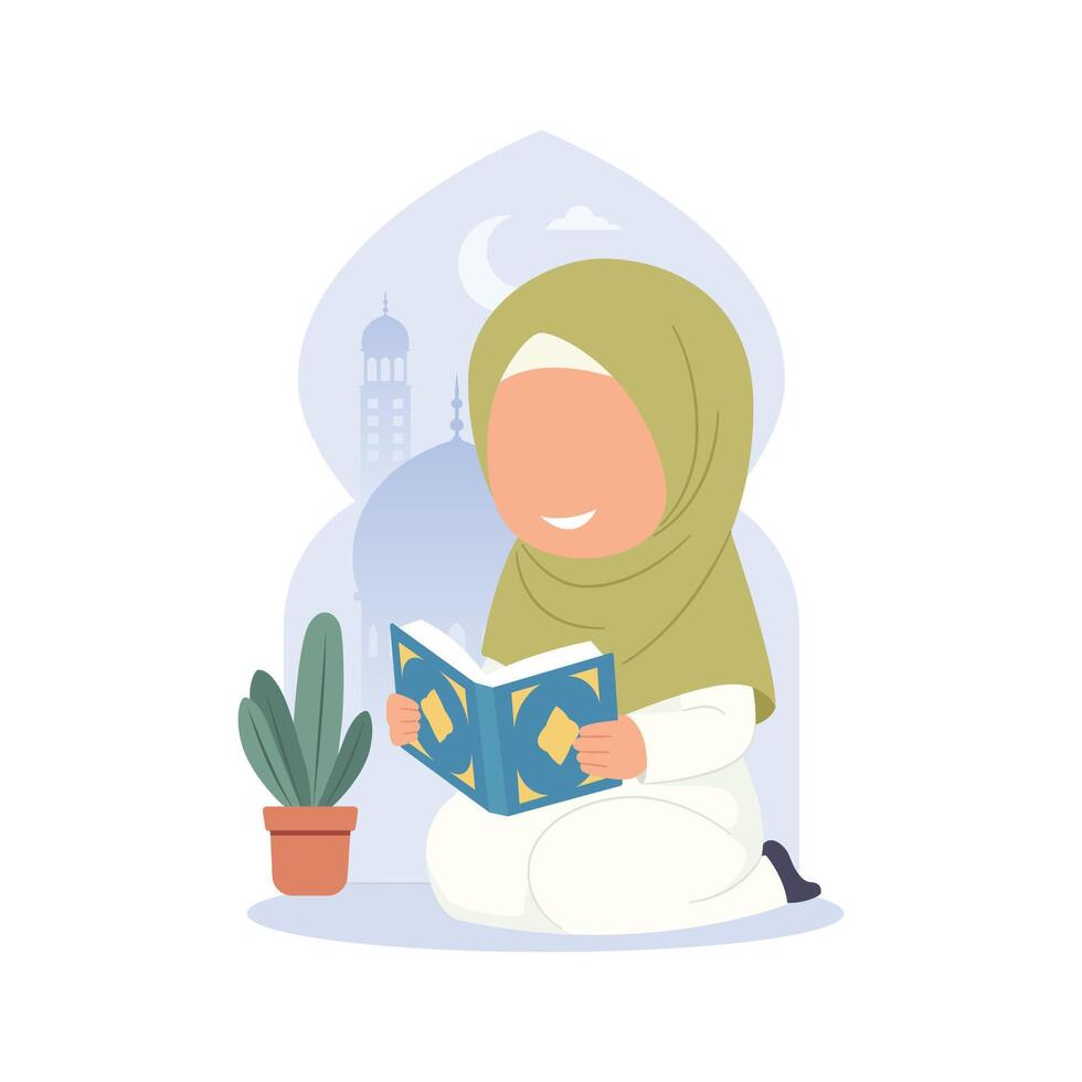 Muslim Hijab Girl sitting on the chair and reading Quran illustration vector