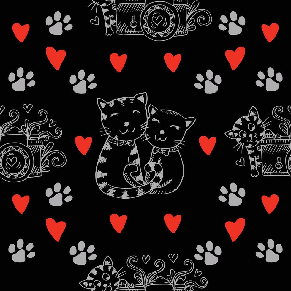 Seamless pattern with cats, camera and hearts. vector