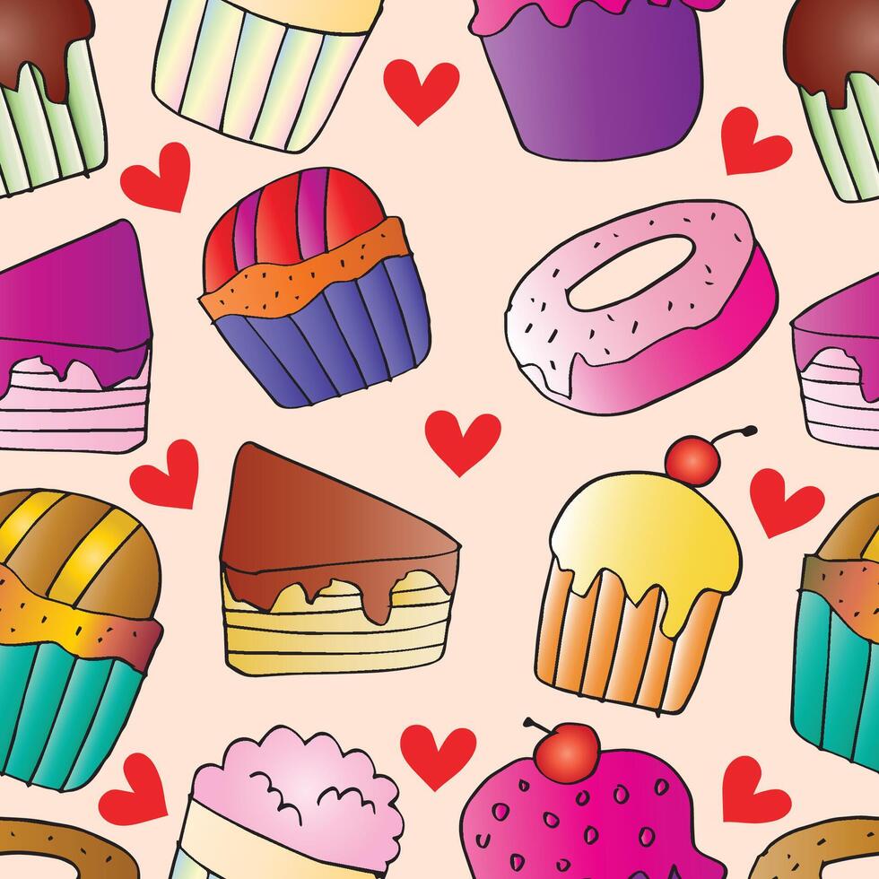 Seamless pattern with doodle colorful cakes vector