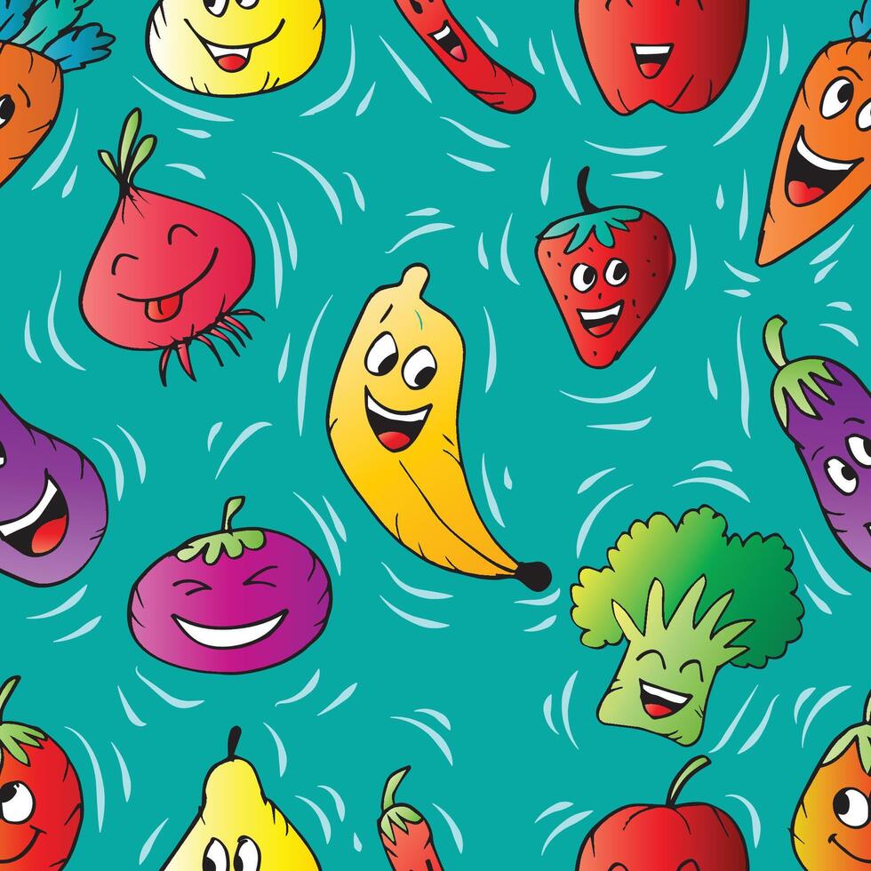Funny cartoon fruits and vegetables seamless pattern background vector