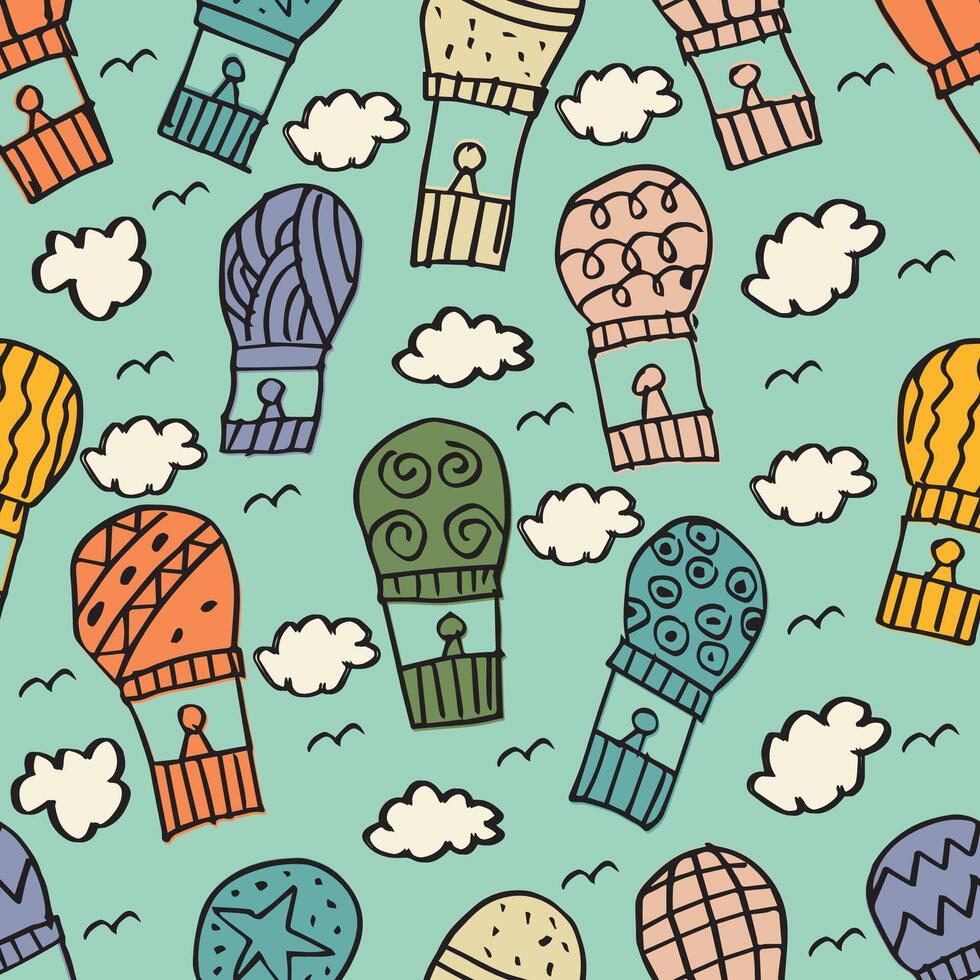 Seamless pattern with hot air balloons and clouds. vector