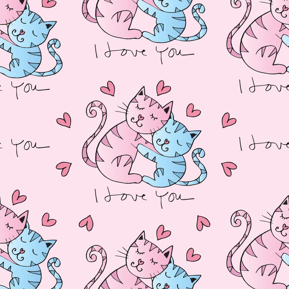 Seamless pattern with cute cats and hearts. vector