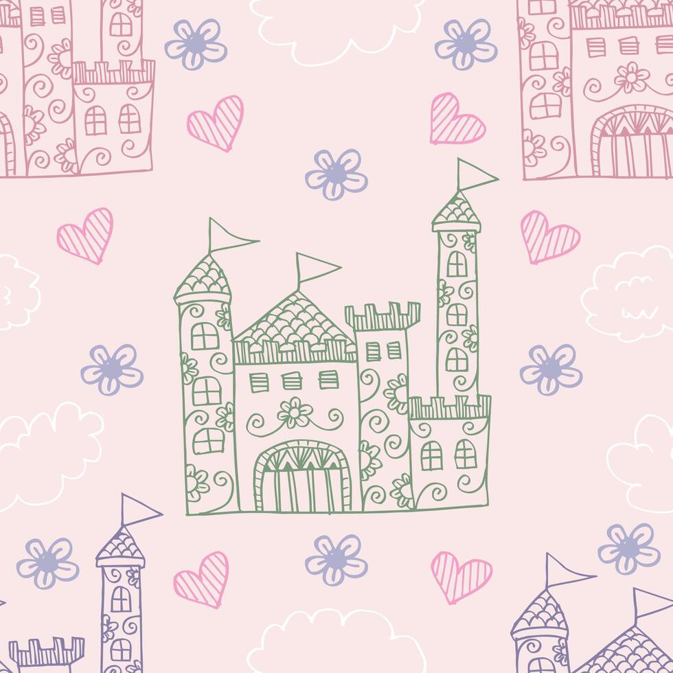 Seamless pattern with castle and flowers. vector