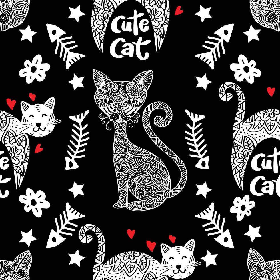 Seamless pattern with cats and hearts. vector